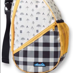 Kavu camping themed black, gray, and yellow bag